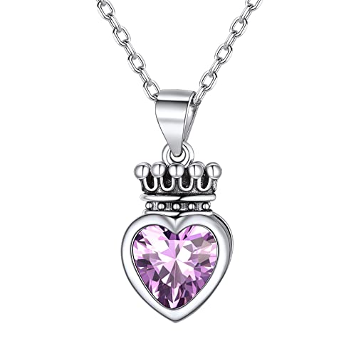 ChicSilver 925 Sterling Silver Princess Queen Crown Necklace for Women September Birthstone Jewelry Created Sapphire Crystal Heart Necklace Valentine's Day Birthday Gift for Her