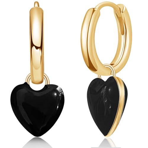 KVANU Personalized Exquisite Heart-Shaped Double-Sided Three-Dimensional Alloy Enamel Huggie Earrings Multi Color Retro Love Heart Huggie Earrings for Women Jewelry Gifts (Black)