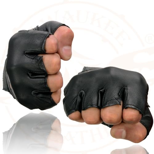 Milwaukee Leather SH216 Men's Black Leather Gel Padded Palm Fingerless Motorcycle Hand Gloves W/Breathable ‘Open Knuckle’ - X-Small