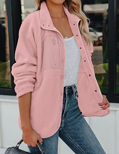 ZESICA Women's Fall Winter Sherpa Fleece Jacket Casual Long Sleeve Button Down Fuzzy Shacket Outerwear Coat,Apricot,Small