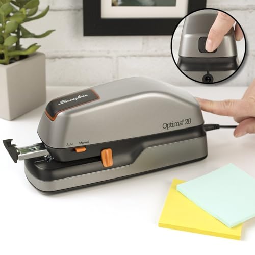 Swingline Electric Stapler, 20 Sheet Capacity, Optima 20, Jam Free, Auto or Manual, Plug In or Battery, Silver (48208)