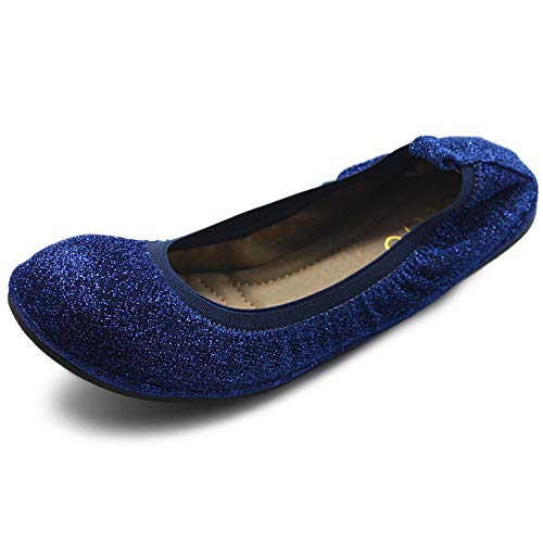 Ollio Women's Shoes Glitter Slip On Comfort Basic Ballet Flats F118 (6 B(M) US, Deep Blue)