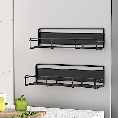 HuggieGems 2 Pack Magnetic Spice Rack Organizer for Refrigerator and Microwave Oven, Metal Fridge Shelf for Kitchen, Black