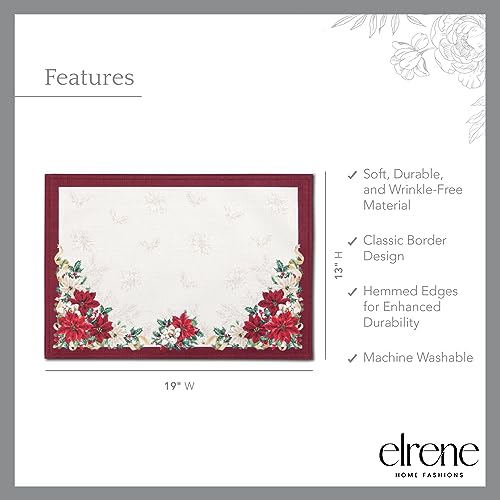 Elrene Home Fashions Poinsettia Garlands Holiday Engineered Placemats, Set of 4, 13"x19", Multi