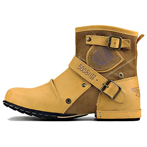OSSTONE Moto Boots for Men Fashion Zipper-up Leather Chukka Boots Casual Shoes 5008-1-F-13 Beige
