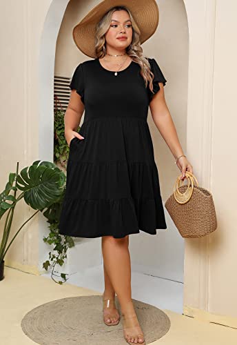 Younrui Plus Size Black Midi Dresses for Women Crew Neck Swing Ruffle Hem Tiered Babydoll Casual Dress with Pockets (1XL-1005-Black)