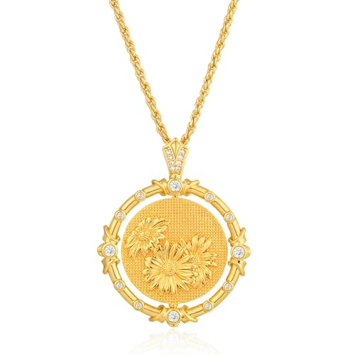 MTMY Birth Flower Necklaces for Women 14K Gold Plated Birth Month Flower with Birthstone Reversible Coin Pendant Necklaces Personalized Custom Floral Jewelry (April)