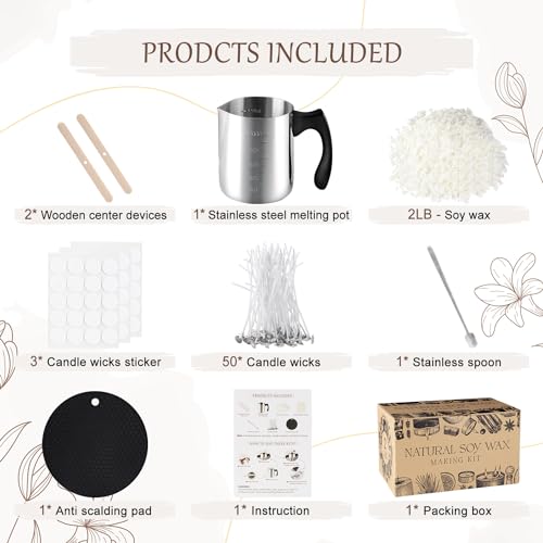 Wfmolcand Candle Making Kits for Adults,Beginner,Kids, Soy Wax, Making Supplies Include 2 LB Soy Wax Flakes,50 Candle Wick, Centering Devices, Melting Pot