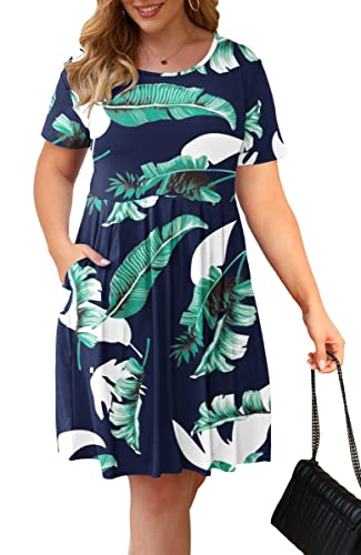 AUSELILY Women's Plus Size Round Neck Short Sleeve Swing Print Floral Pleated Dress with Pockets Knee Length (1X,Print Blue)