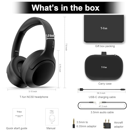 T-fun NC50 Hybrid Active Noise Cancelling Headphones Wireless Bluetooth 5.3, Foldable Over Ear Headphones, Custom EQ via App, 65 Hours Playtime, Low Latency Game Mode, Multipoint Connection