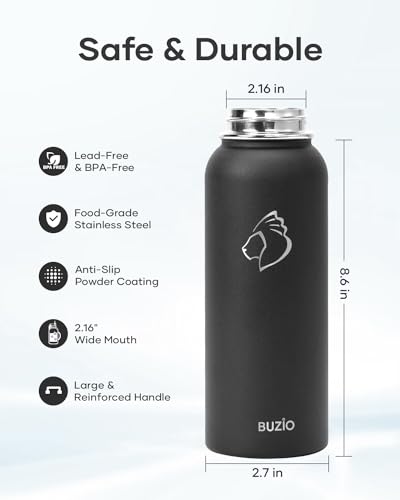 BUZIO 40oz Insulated Water Bottle, Stainless Steel Water Flask with Straw Lid and carrying pouch, Keep Cold 48h Leak Proof Double Wall Vacuum Travel Mug Metal Canteen for Gym Camp Beach, Black