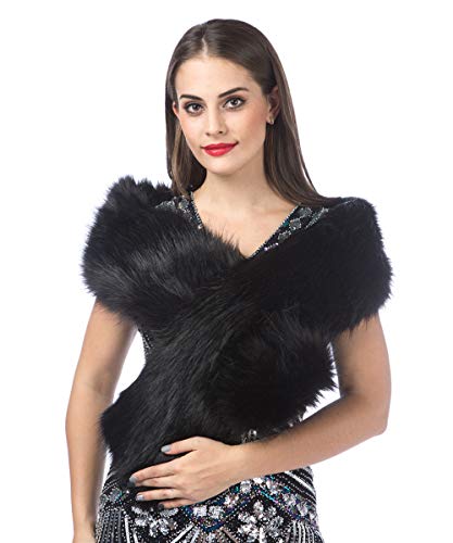 Lucky Leaf Women Luxurious Large Winter Faux Fur Scarf Wrap Collar Shrug for Lady Wedding Dinner Party (L-Black)