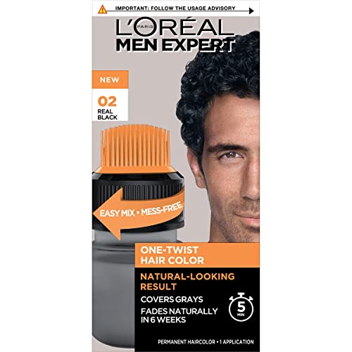 L’Oreal Paris Men Expert One Twist Mess Free Permanent Hair Color, Mens Hair Dye to Cover Grays, Easy Mix Ammonia Free Application, Real Black 02, 1 Application Kit