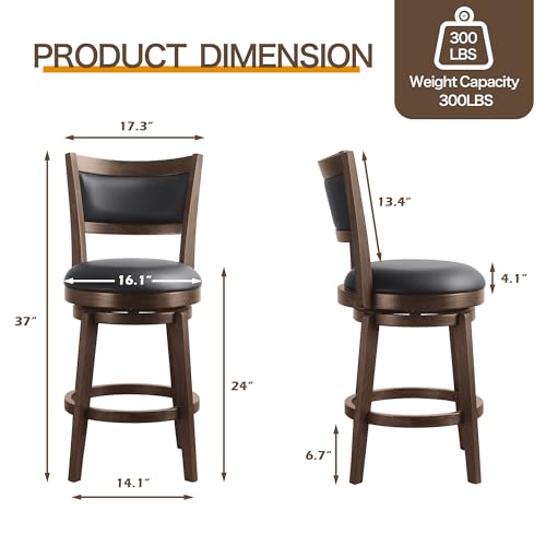 Larksperal 24" Counter Height Barstools Set of 2 - High Back Swivel Bar Stools with Black Faux Leather Upholstered Seat & Solid Wood Footrest, Counter Bar Stool for Kitchen Island & Pub