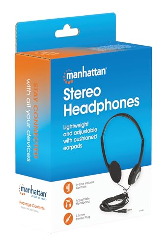Manhattan On-Ear Wired Stereo Headphone - Long 6ft Cable, Single 3.5mm Plug, Lightweight, Adjustable Headband–for Walkman, CD Player, Computer -177481
