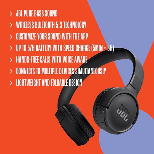 JBL Tune 520BT - Wireless On-Ear Headphones, Up to 57H battery life and speed charge, Lightweight, comfortable and foldable design, Hands-free calls with Voice Aware (Black)