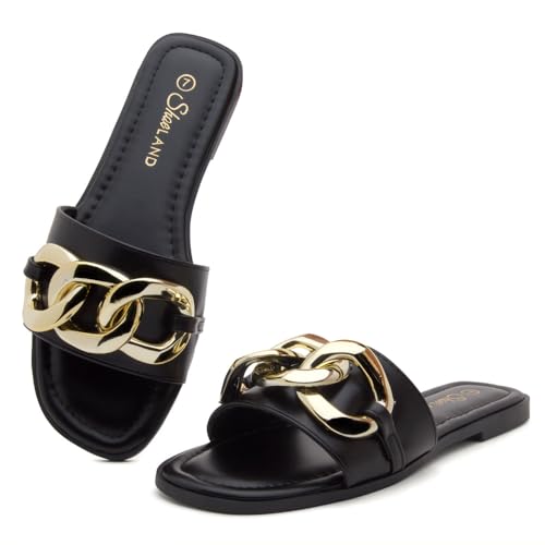 Shoe Land Women's Flat Sandals - Square Open Toe Single Band Fashion Slides with Metal Chain Dressy 2025 Trendy | Comfortable Slippers with Cushioned Footbed for Summer, Black, Size 6.0, Emma