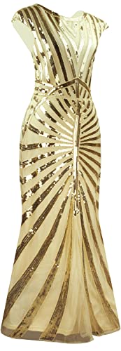 Women 1920S Gatsby Sequin Mermaid Formal Evening Dress with 20s Accessories Costume (M, Style 4 Black Gold)