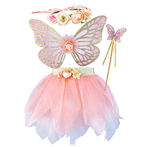 DJDLPARTY Girls Fairy Costume Set with Butterfly Wings Tutu Wand and Halo Headband (Pink, 3-5 Years old)