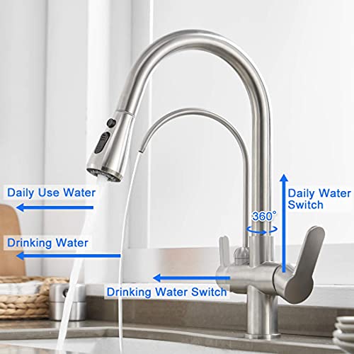 MENATT Filter Kitchen Faucet with Drinking Water Faucet, High Arc Pull Down 3-Way Kitchen Faucet, 3 in 1 Sink Cold and Hot Mixer Tap (Brushed Nickel)