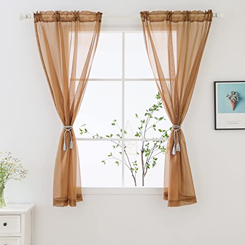 bestselected Window Brown Sheer Curtains, W42 x L36 Inches Each 2 Panels Sheer Curtain Basic Rod Pocket Panel for Bedroom Children Living Room Yard Kitchen (W42 x L36, Brown)