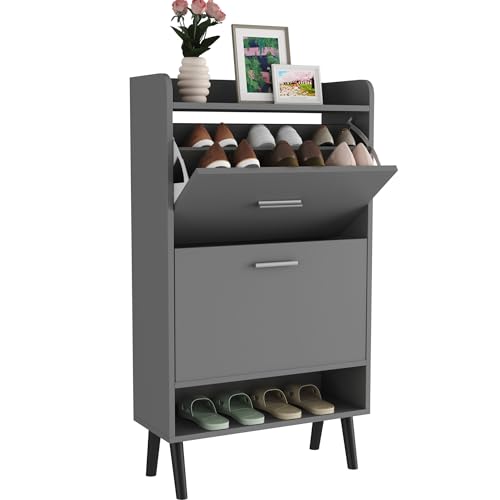 HOMEFORT Shoe Cabinet for Entryway, Shoe Storage Cabinet with 2 Flip Drawers, 30" Narrow Shoe Organizer Cabinet for Front Door Entrance, Modern Slim Hidden Shoe Rack Cabinet in Balck