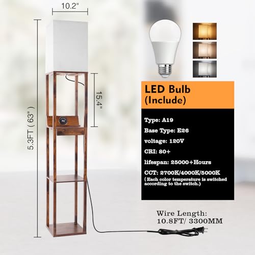 RUNTOP 3-Shelf Floor Lamp with LED Bulbs - Modern Standing Display Shelf Lamp for Living Room, Bedroom and Office (Black)