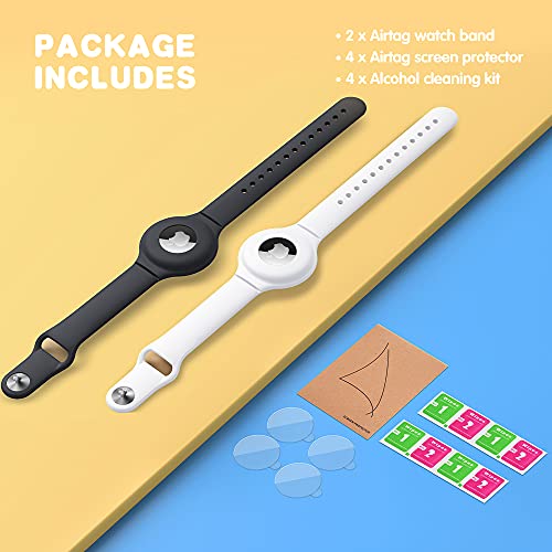 VEGO for AirTag Bracelets for Kids, 2 Pack Silicone Watch Bands + 4 Pack Anti-Scratch Films for Children, Apple AirTag Holder for Kids (Black+White)