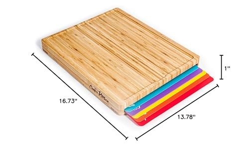 Cutting Board Set - Easy-to-Clean Bamboo Wood Board with 6 Color-Coded Flexible Cutting Mats with Food Icons - Chopping Board Set, Cutting Boards For Kitchen, Wood Cutting Boards For Kitchen