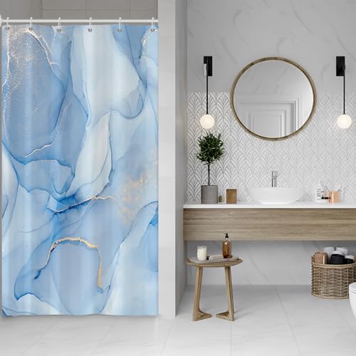 Baocicoo Dusty Blue Gold Marble Shower Curtain Sets Modern Ink Art Luxury Shower Curtain for Bathroom Hostel Hotel Living Room Decor Waterproof Durable Fabric Shower Curtain with Hooks 48x72 Inches