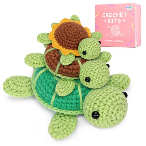 Mewaii Crochet Kit for Beginners, Crochet Animal Kit with Step-by-Step Video Tutorial, Learn to Crochet Starter Kit with 40%+ Tape Yarn, DIY Crochet Gifts for Kids Adults (Three Pack Turtles)