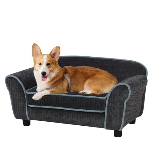 Pet Sofa/Dog Bed with Luxury Striped Fleece Pet Bed Animal Sleeping Bed， Small Dog and Cat Couch Bed (Dark Black)