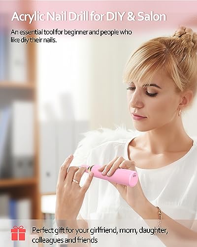 DEEHENK Electric Cordless Nail Drill Portable Nail Drill Machine for Gel Acrylic Nails, Rechargeable Nail File for Home Salon Electric Nail File Pink