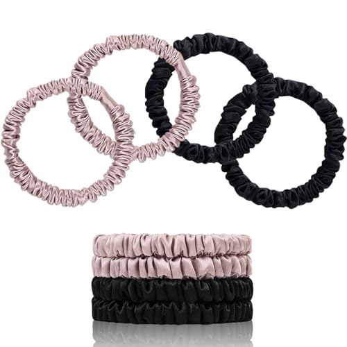SEMRUE 22 Momme Pure Mulberry Silk Scrunchies, Silk Hair Ties Elastics for Hair Sleep, Hair Care and No Damage, 4 PCS (Black*2+Lotus Pink*2)