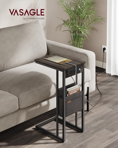 VASAGLE C-Shaped Side Table, End Table with Charging Station, 2 USB Ports and Outlets, C Table for Couch, Sofa, with Storage Bag, Adjustable Feet, for Bedroom, Living Room, Ash Brown ULET356K01