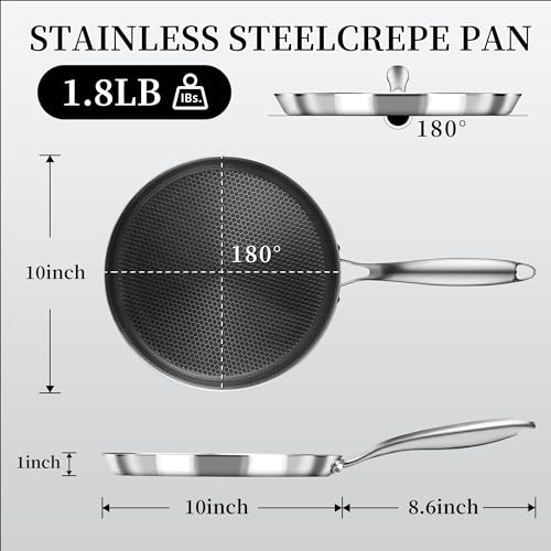 Innerwell Nonstick Crepe Pan 10 inch Stainless Steel Crepe Pan Honeycomb Coating Flat Skillet Tawa Dosa Tortilla Pan,Omelet Pan with All Stove Tops Available, Induction Compatible