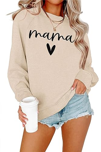 Dressmine Womens Mama Shirt Casual Long Sleeve Mothers Day Shirts Crewneck Sweatshirt Pullover Apricot Small