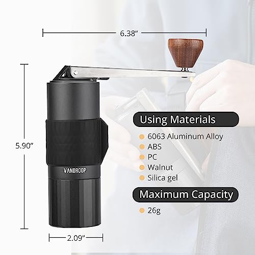 Vandroop Manual Coffee Grinder with Folding Handle, Adjustable Hand Coffee Grinder with Stainless Steel Conical Burr, Portable Burr Coffee Grinder for Travel, Camping, Kitchen