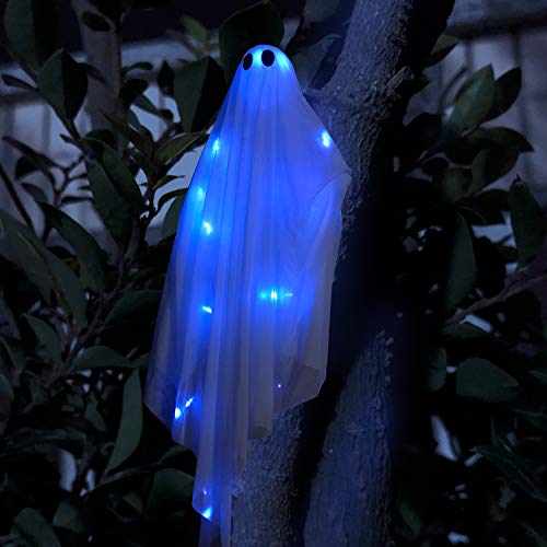 JOYIN Halloween Hanging Light up Ghost with Spooky Blue LED Light, 47” White Hanging Ghosts, Halloween Hanging Decoration for Front Yard Patio Lawn Garden Party Decor Indoor Outdoor