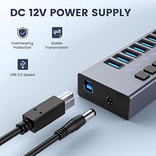 36W Powered USB Hub - ACASIS 7 Ports USB 3.0 Data Hub - with Individual On/Off Switches and 12V/3A Power Adapter USB Hub 3.0 Splitter for Laptop, PC, Computer, Mobile HDD, Flash Drive and More