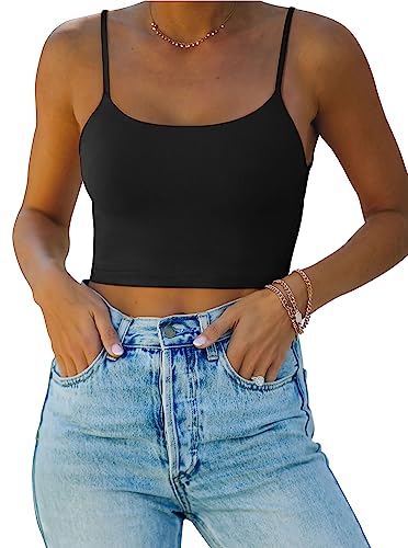 REORIA Women's Summer Sexy Sleeveless Adjustable Spaghetti Strap Cami Camisole Basic Fitted Seamless Yoga Cropped Tank Cute Crop Tops Black Medium