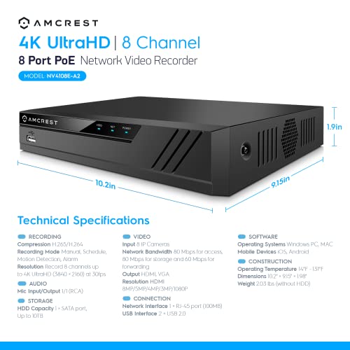 Amcrest 5MP POE Security Camera System Outdoor, 8CH POE NVR, 4pcs 5MP Turret Cameras, IP67 Metal Turret IP Cameras, Built in Mic, Pre-Installed 2TB Hard Drive, NV4108E-IP5M-T1179EB4-2TB