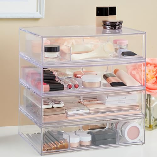 STORi Sofia 12.5” Wide Clear Stackable Open & Divided Storage Drawers, 2 Pack Plastic Organizer Bins for Makeup Palettes, Cosmetics, & Beauty Supplies, Vanity, Bathroom, Desk Organization, Made in USA