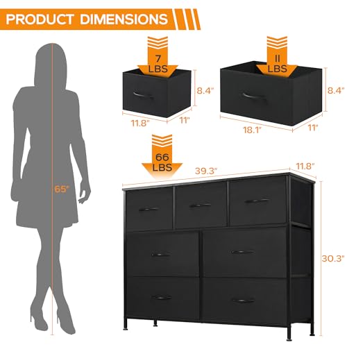 Dresser for Bedroom, 7 Storage Drawers, Wide Fabric Closet Chests Organizer Tower Furniture, TV Stand for TV up to 45 inch with Wooden Top Metal Frame for Clothes, Kids, Living Room, Hallway, Entryway