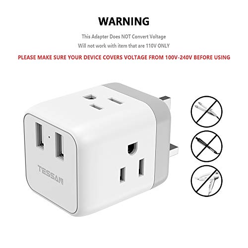 TESSAN US to UK Plug Adapter, Type G UK Travel Plug Adapter, Ireland Scotland Dubai Power Adapter with 3 Outlets and 2 USB Ports, USA to England London British Qatar Kenya Outlet Converter