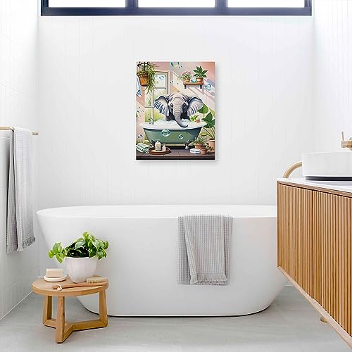 DOARTDO Elephant Bathroom Canvas Wall Art Funny Animal Pictures Print Elephant in Bathtub Painting Pink Background Toilet Decor Frame (11.00" x 14.00", Elephant - 2)