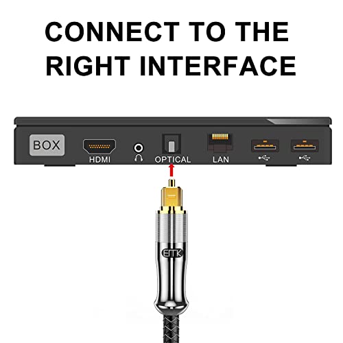 EMK Premium 24K Gold-Plated Right Angle Optical Cable – 90° Toslink to Toslink (6M/20Ft), 360° Rotatable for Soundbars, TVs & Home Theater