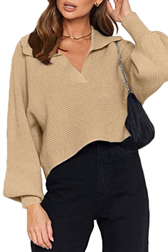 CHYRII Women Casual Overized Puff Long Sleeve V Neck Knitted Polo Pullover Sweater Jumper Tops Lavender M