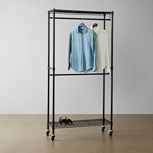 Amazon Basics Adjustable, Double Hanging Rod Garment Rolling Closet Organizer Rack with Wheels, Heavy Duty, Black, 36'' x 14'' x 72'', WI-GAR1436B
