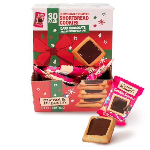 Michel et Augustin Dark Chocolate and Sea Salt Butter Cookie Squares, Holidays Christmas Cookies Gift Box, French Shortbread European Cookies, Individually Wrapped, Stocking Stuffer Box, 30 Cookies